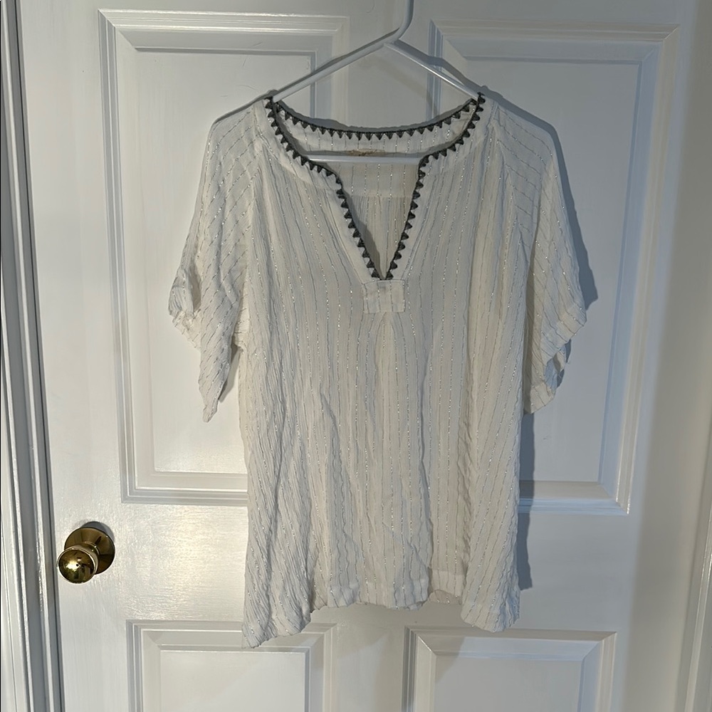 Mystree White Silver Thread Relaxed Blouse with Embroidered Neckline Summer M